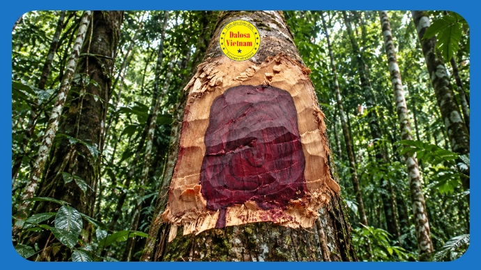 Thân cây gỗ hồng (Aniba rosaeodora) lộ thớ gỗ đỏ trong rừng tự nhiên, hình đại diện bài viết về 12 tên gọi khác của tinh dầu gỗ hồng.